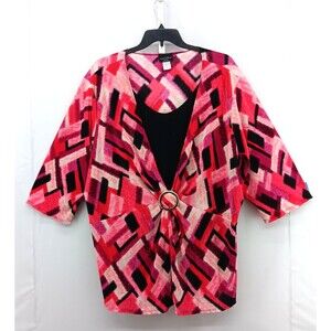 Brittany Black Blouse Women Size 3X Multicolor Geometric Scoop Neck 3/4 Sleeve